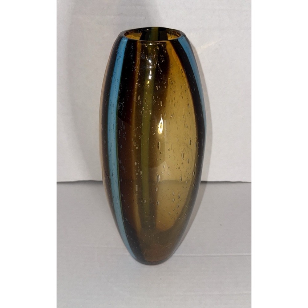 Pier One Art Glass Hand Blown Glass Amber Blue Stripe Bubble Vase 13" MCM